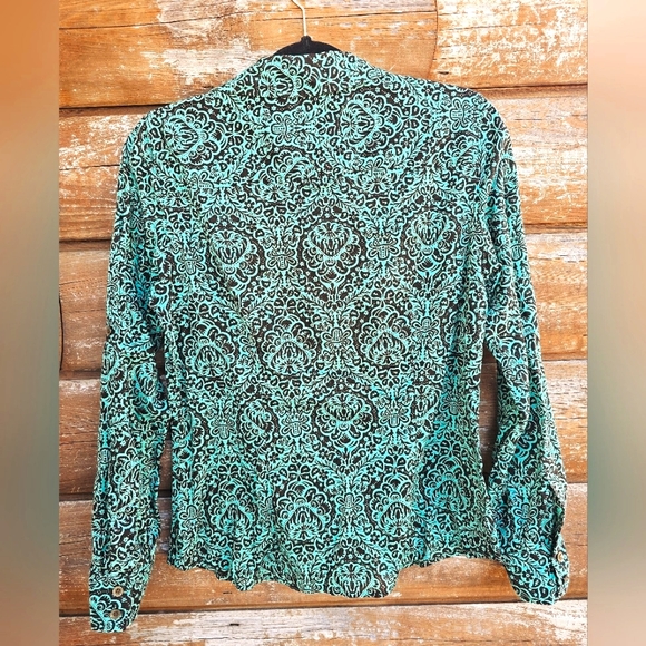 Liz Claiborne Western Damask Turquoise & Black Button up Blouse Longsleeve - Picture 5 of 9
